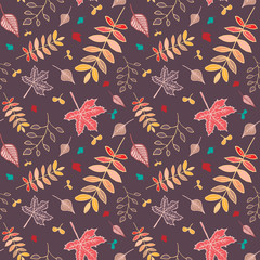 Autumn leaves pattern with reddish brown background.