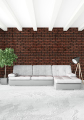 White bedroom minimal style Interior design with wood wall and grey sofa. 3D Rendering.