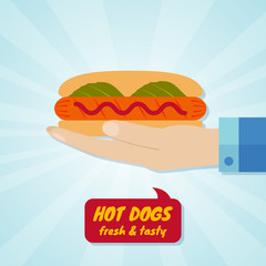 Hand giving hot dog. Fast food concept. Vector illustration.