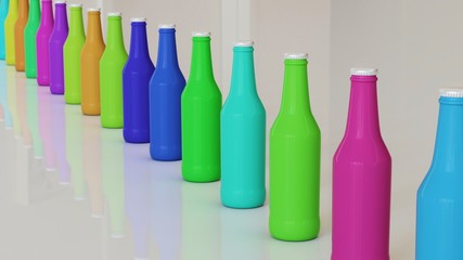 Long isolated line of brightly colored Opaque Bottles with Aluminum Caps on a neutral surface