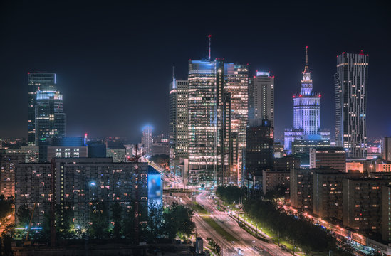 Fototapeta Warsaw downtown at night, Poland. Polish capital