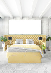 Modern bedroom yellow sofa luxury minimal style Interior loft design with eclectic wall. 3D Rendering.