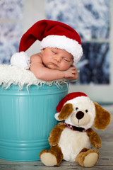 Portrait of a newborn baby boy,l wearing christmas hat, sleeping