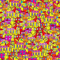 Hand-drawn background with colorful doodle houses.