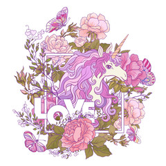 The unicorn, a bouquet of roses and butterflies on white backgro
