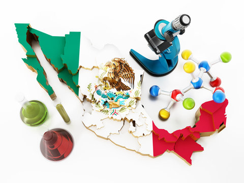 Mexico map and laboratory tools. Narcotics concept. 3D illustration