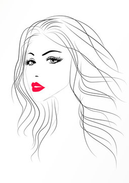 Beautiful woman portrait with a red sexy lips, vector illustration