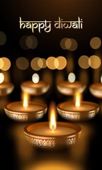 Happy Diwali gold candle light Indian greeting card vector lettering text