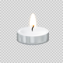 Candle tealight or candlelight vector 3D realistic icon burning flame fire