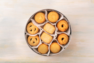 Overhead photo of Danish butter cookies with place for text
