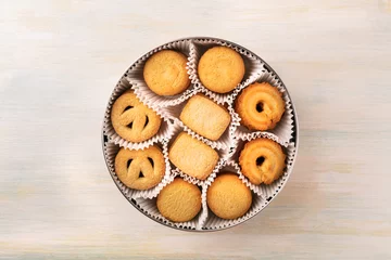 Foto auf Acrylglas Overhead photo of Danish butter cookies with place for text © laplateresca