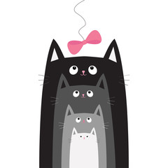 Black gray cat head looking at pink bow hanging on thread. Cats in a row. Different size. Cute cartoon character family set. Pet baby collection Card. Flat design. White background Isolated