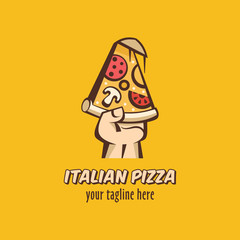 Logo vector Italian pizza. Vector illustration in cartoon style. A slice of hot pizza with mushrooms, sausage, tomatoes and cheese in hand.