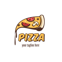 Vector logo pizza. A slice of hot pizza with mushrooms, sausage, tomatoes and cheese.