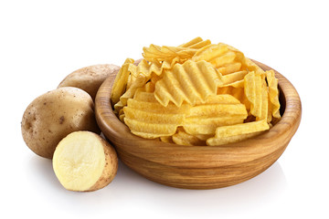 Potato and bowl with potato chips isolated on white background