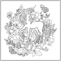 Unicorn. The composition consists of a unicorn surrounded by a b
