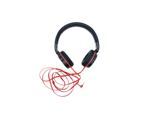Fototapeta premium Black headphones hanging on a white background with a red wire