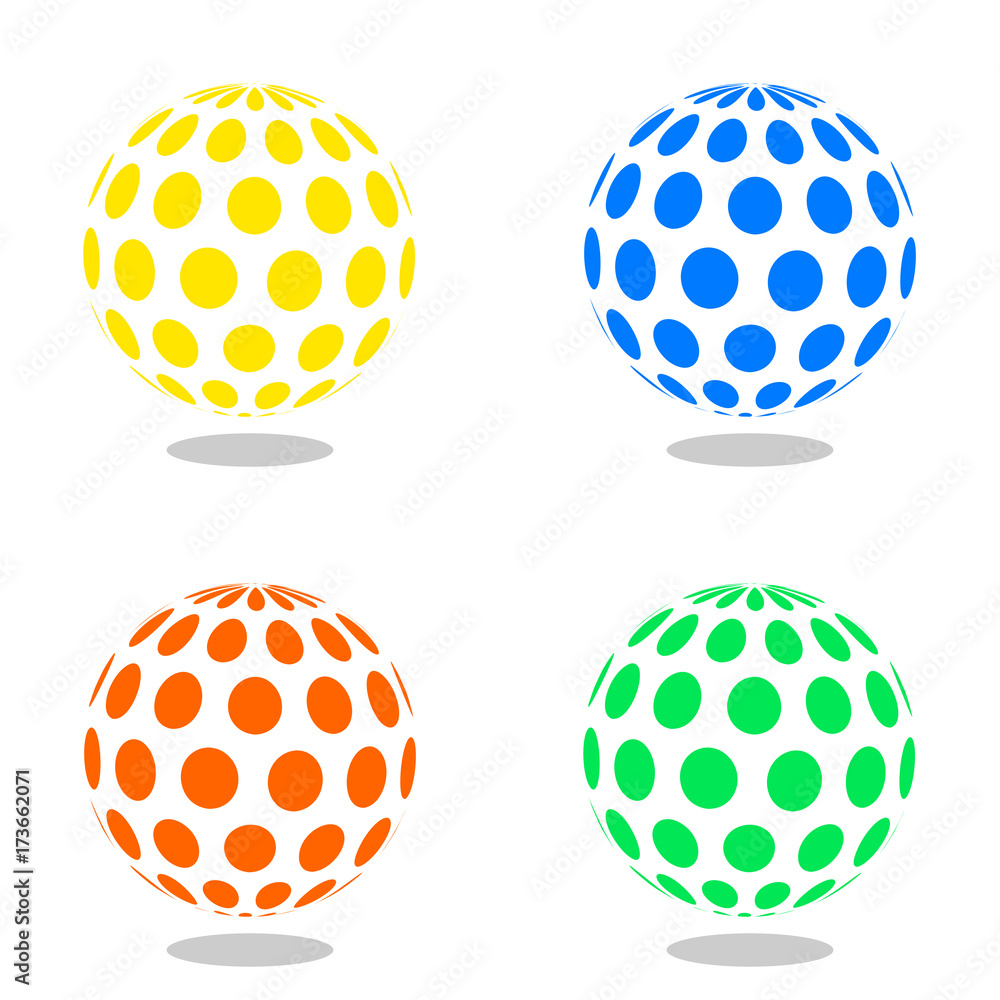 Poster abstract globe dotted sphere, 3d halftone effect vector background. color set of vector illustration