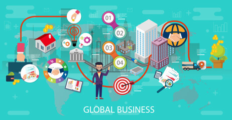 Concept of global business and finance success in the world. Flat style. For graphic and web design