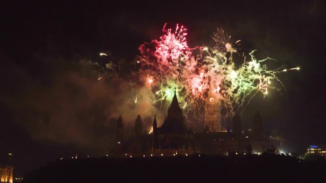 Canada Day Fireworks Light Up The Parliament Buildings In Ottawa