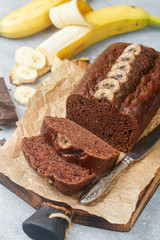 Homemade chocolate banana cake (bread). Dessert for tea and coffee. Selective focus