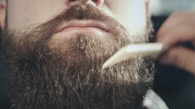 Male face beard care. Close up of beard hipster style. Male hand combing hair beard. Male hairstyle. Barber beard grooming. Portrait hipster hairstyle. Bearded hipster face. Hipster moustache