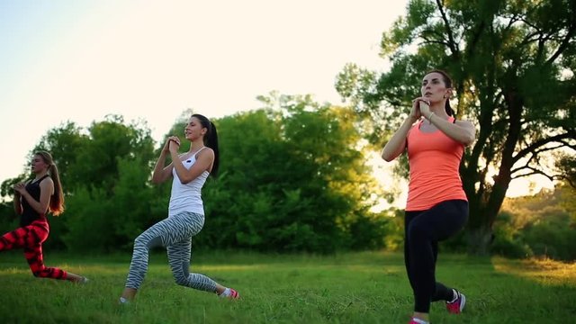 Group with trainer stretching workout on a green grass in the park