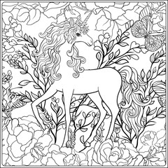 Unicorn. The composition consists of a unicorn surrounded by a bouquet of roses.