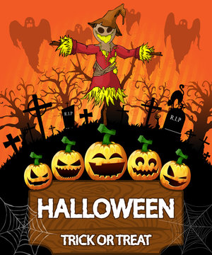 Poster of Halloween with scarecrow. Vector illustration.