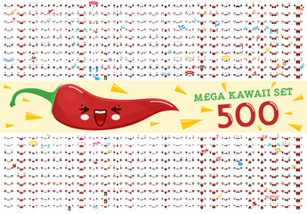 500 Mega set of cute kawaii emoticon face and chili pepper kawaii. Collection emoticon manga, cartoon style. Vector illustration. Adorable characters icons design