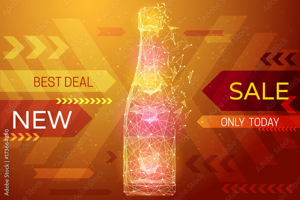 Poster bottle of champagne low poly in the form of a starry sky or space, consisting of points, lines, and 