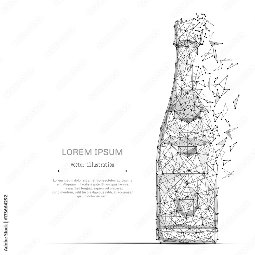 Poster abstract mash line and point bottle of champagne on white background with an inscription. starry sky