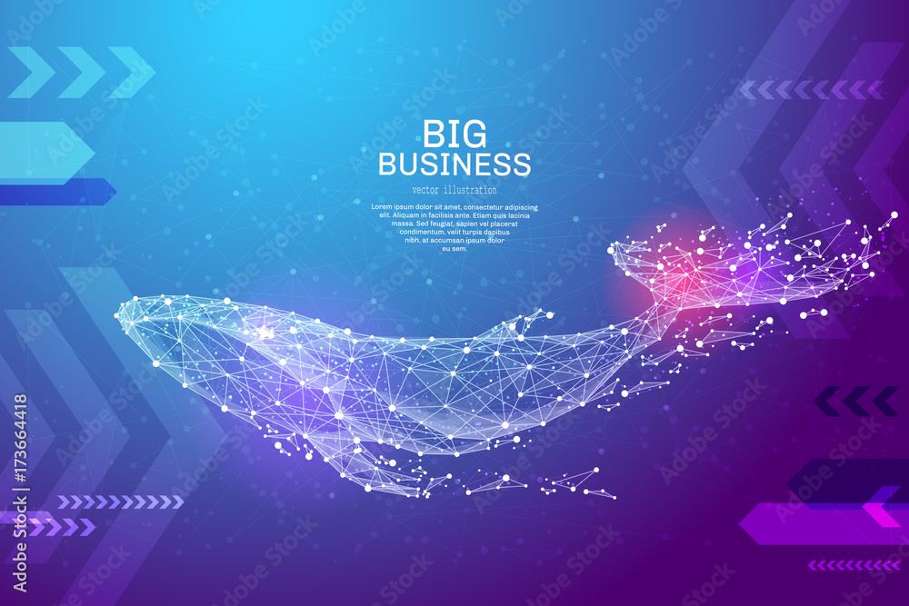 Poster blue whale in the form of a starry sky or space, consisting of points, lines, and shapes in the form