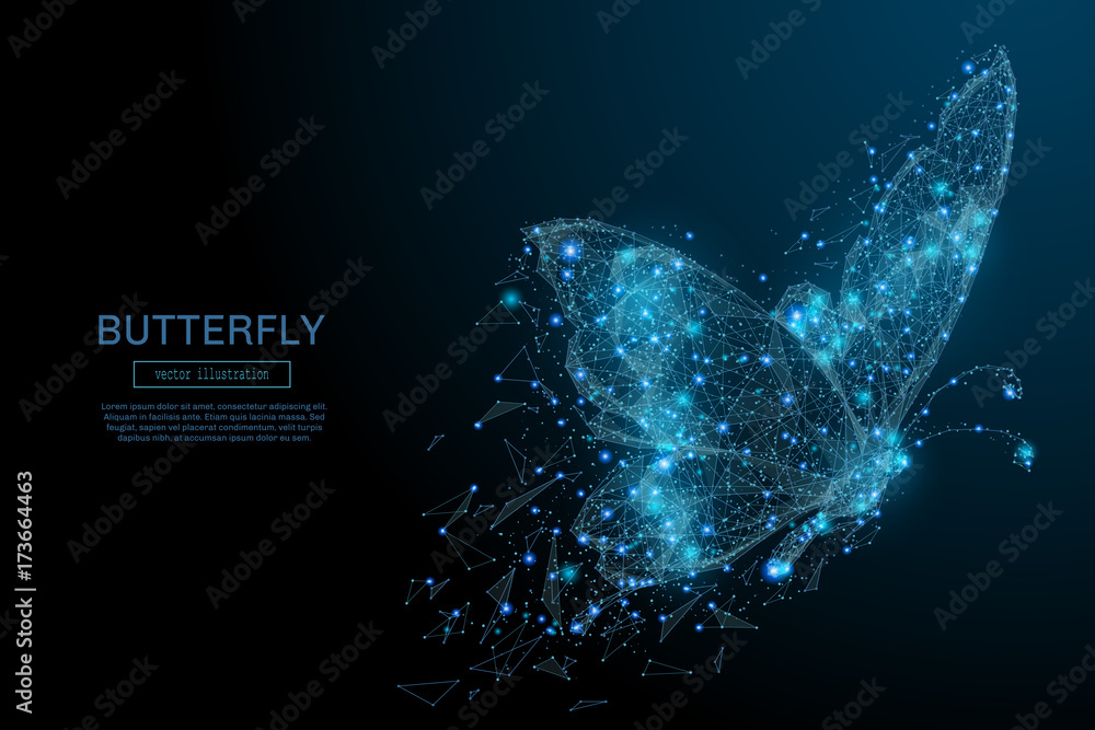 Poster Butterfly composed of polygon. Low poly vector illustration of a starry sky or Comos. The digital flyer consists of lines, dots and shapes. Wireframe technology light connection structure.