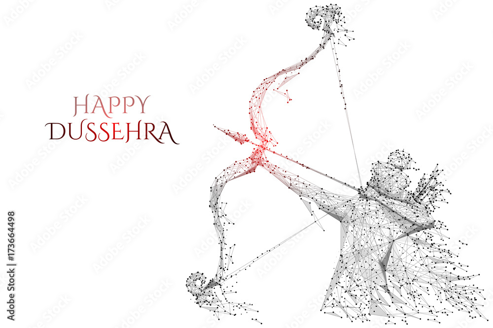 Poster vector illustration of lord rama with arrow killing ravana in dussehra navratri festival. low poly w