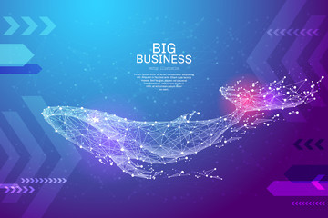 Blue whale in the form of a starry sky or space, consisting of points, lines, and shapes in the form of planets, stars and the universe. Large marine animal vector wireframe concept. Blue purple - obrazy, fototapety, plakaty