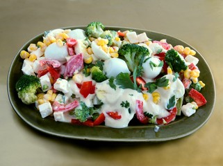 vegetable salad with eggs,cheese and cream sauce