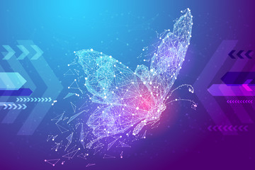 Butterfly in the form of a starry sky or space, consisting of points, lines, and shapes in the form of planets, stars and the universe. Insect from polygon vector wireframe concept. Blue purple