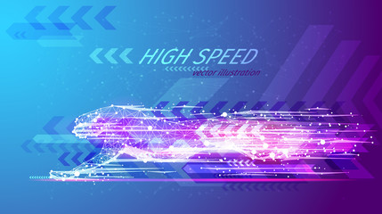High speed concept. Cheetah in motion in the form of a starry sky or space, consisting of point, line, and shape in the form of planets, stars and the universe. Vector wireframe concept. Blue purple © AntonKhrupinArt