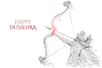 Vector illustration of Lord Rama with arrow killing Ravana in Dussehra Navratri festival. Low Poly wireframe digital art on white background. Polygon abstract mash line and point origami with triangle