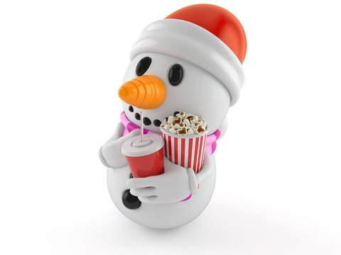 Snowman character holding popcorn and soda