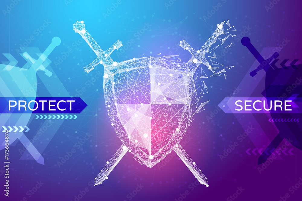 Poster shield and swords in the form of a starry sky or space, consisting of points, lines, and shapes in t