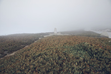 Landscape view of green grass with stone stand in Cabo da Roca