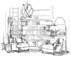 Modern interior hand drawing vector.