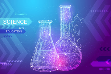 test tubes in the form of a starry sky or space, consisting of points, lines, and shapes in the form of planets, stars and the universe. Science and education vector wireframe concept. Blue purple © AntonKhrupinArt