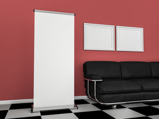 Blank roll up banner display. Template mockup. 3D rendering