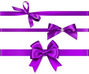 Set of decorative purple bow with horizontal purple  ribbon isolated on white