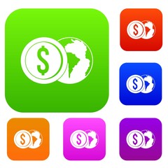 World planet and dollar coin set color collection