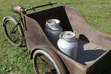 cart with old bicycle to transport the milk just leavened from t