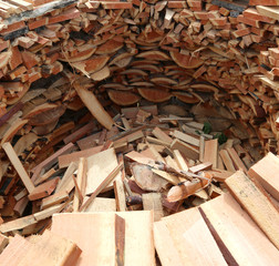 circular wood-burning wood with many pieces of wood cut to warm